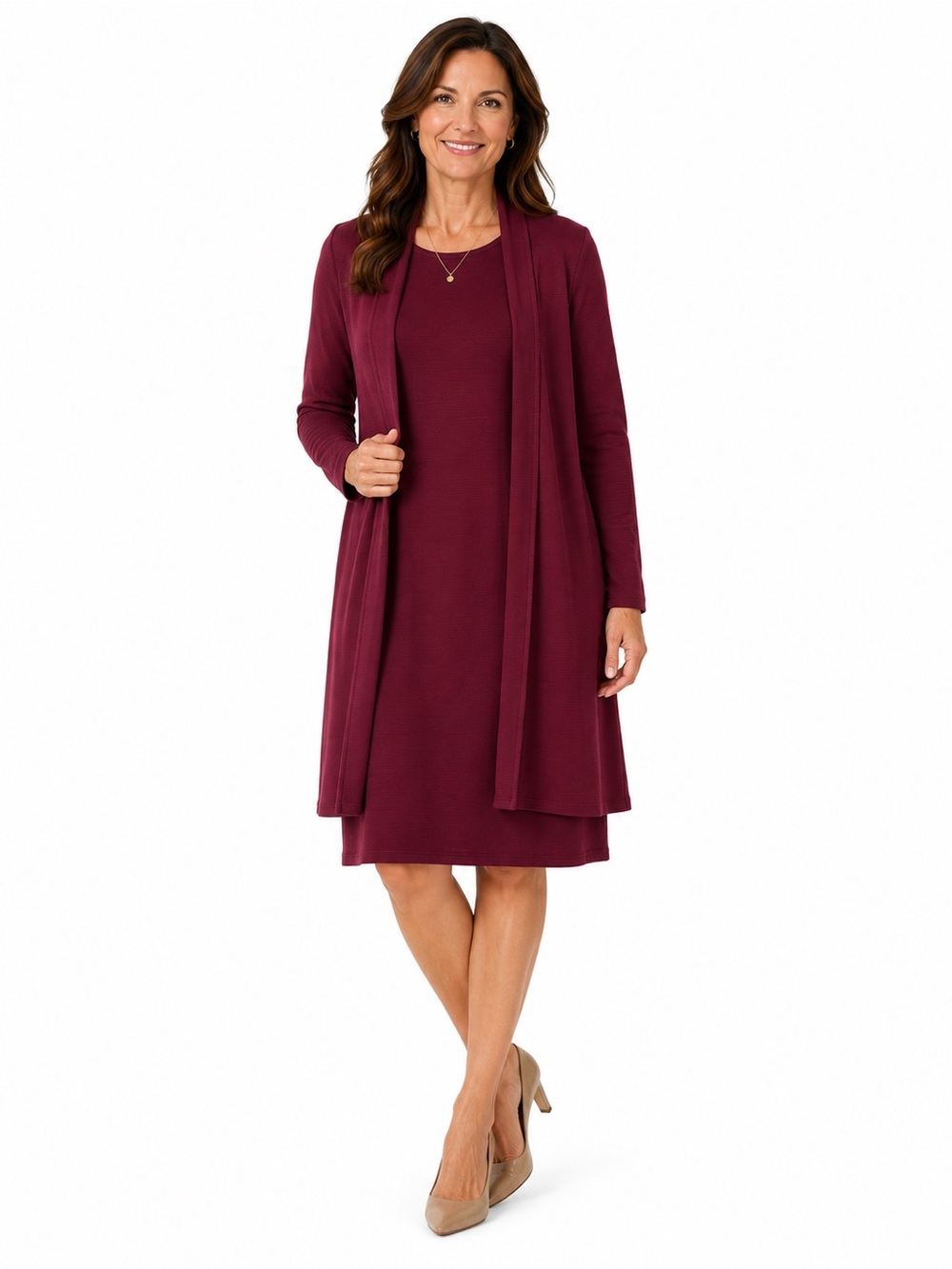 J Jill Wearever Burgundy Dress & Cardigan 2 Pc Set XS Long Sleeve Travel Knit